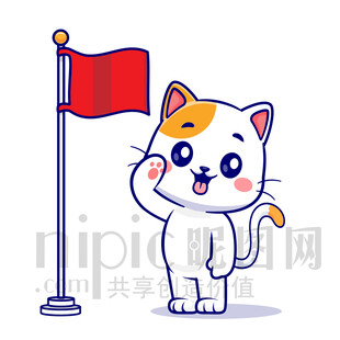 可爱小猫与红旗形象插画