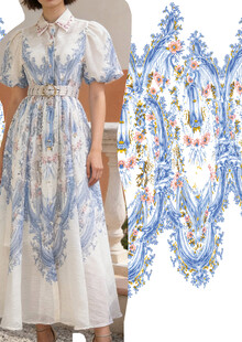蓝白花卉图案女士连衣裙
