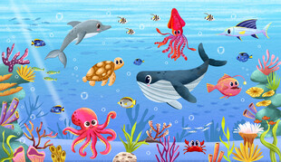 卡通鲸鱼海底动物珊瑚海洋背景墙