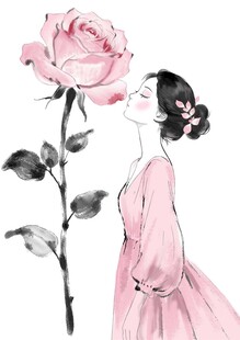 粉裙女子轻嗅娇艳玫瑰