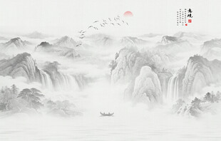 国画水墨山水意境图背景墙