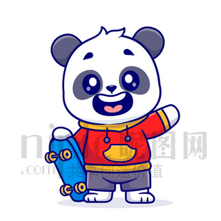 穿红衣玩滑板的可爱熊猫