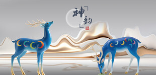 蓝韵祥瑞仙鹿中式摆件