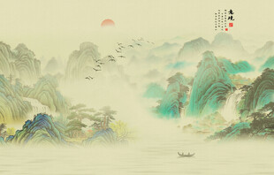 新中式屏风古风水墨山水画背景墙