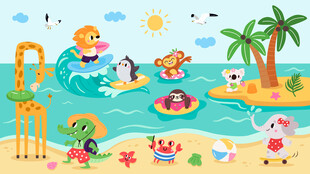 卡通夏日海滩欢乐小动物儿童背景