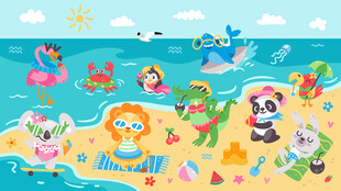 夏日海滩动物欢乐聚会儿童背景墙