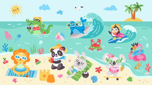 夏季卡通海滩欢乐小动物儿童背景