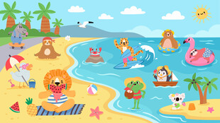 夏日海滩卡通欢乐小动物儿童背景