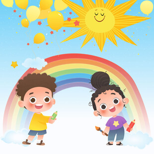 儿童节小朋友画彩虹太阳庆祝节日