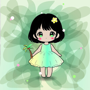 手绘卡通插画可爱绿裙小女孩