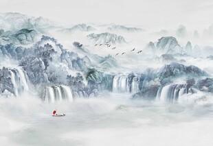 水墨山水间孤舟泛江景装饰画背景