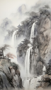 水墨山水间的壮丽瀑布背景
