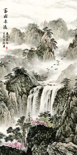 水墨山水瀑布风景图背景墙