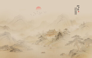 中国风水墨山水画背景壁画