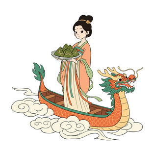 古风传统端午佳人乘龙舟献粽子 