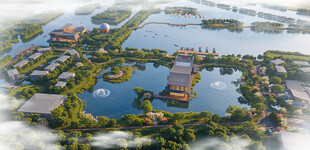 湖畔园林景观鸟瞰图