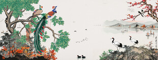 设色花鸟画百鸟朝凤图水墨山水画