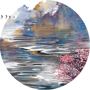 水墨湖畔春景图