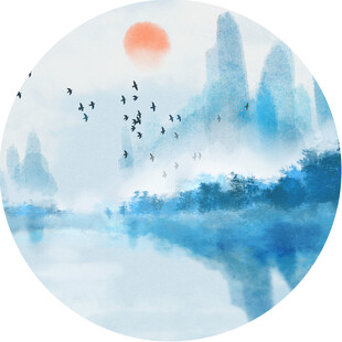 水墨山水间飞鸟伴日景