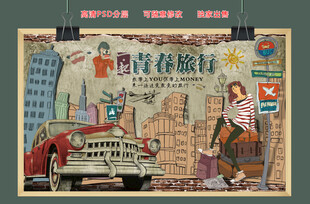 手绘卡通旅行人物复古背景墙