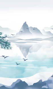 水墨山水间飞鸟与枝景
