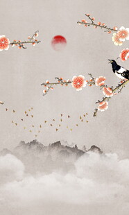 中式水墨风花鸟云雾图景