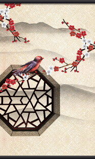 中式窗棂上的花鸟景致
