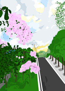 春日繁花盛开的林间小路