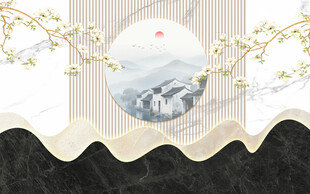 中式意境格栅山水花鸟装饰画