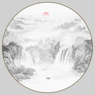 圆形水墨山水画