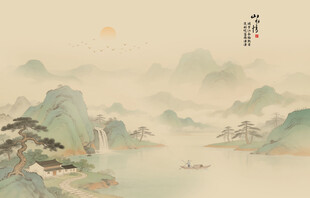 新中式屏风古风水墨山水画背景墙