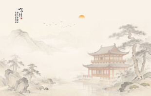 中式水墨山水古风电视背景墙壁画