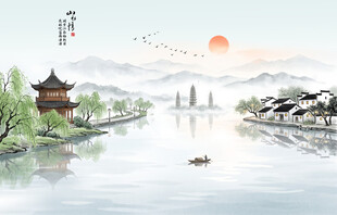 古风水墨江南背景墙