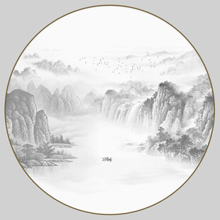 圆形水墨山水画