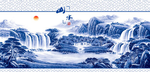 水墨山水青花瓷山水画