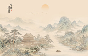 新中式屏风古风水墨山水画背景墙
