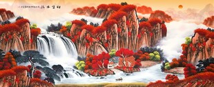 红叶瀑布山水国画景观