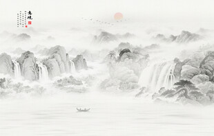 中式水墨山水流水生财背景墙