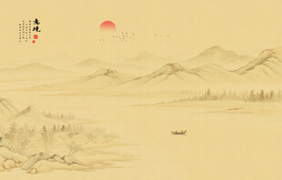 新中式古风古画山水画背景墙
