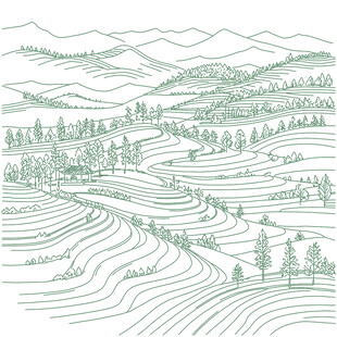 手绘田园梯田风光图茶山茶园纹理