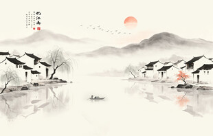 江南水乡水墨山水画