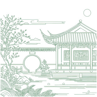 中式庭院园林线描图建筑线稿