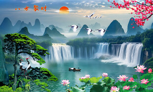 流水生财瀑布山水画
