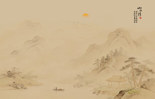 中式古风古典山水画背景壁画