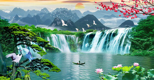 流水生财瀑布山水画