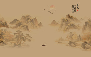 中国风水墨古风山水画背景壁画