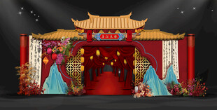 经典红蓝中式布幔长廊
