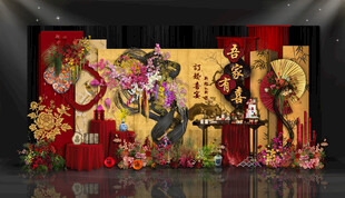 烫金色订婚宴红色背景