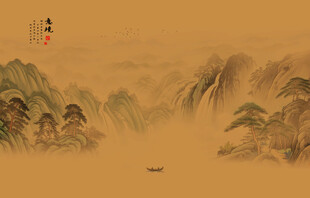 中式古风古典山水画背景壁画壁纸
