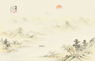 简约留白古风山水画背景墙